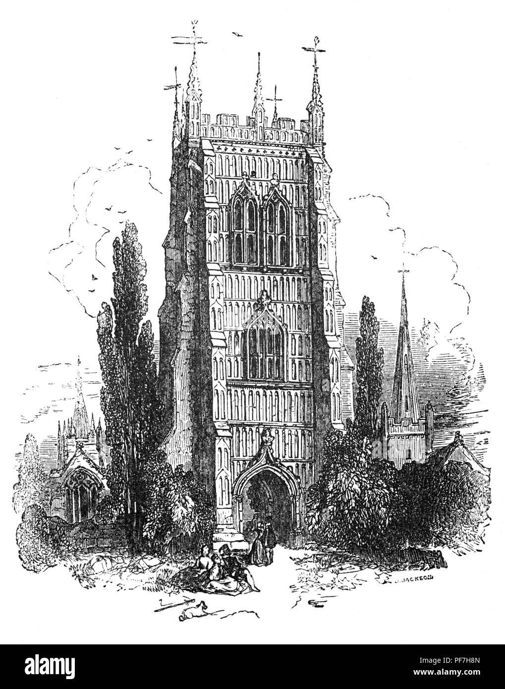 Der Glockenturm von St. Laurentius Kirche, eine redundante Anglikanische Kirche im Zentrum der Stadt von Evesham, Worcestershire, England. Zusammen mit seinem Nachbarn, alle Heiligen, wurde es durch die Benediktiner von Evesham Abtei auf dem Fluss Avon im 12. Jahrhundert erbaut. Es war deutlich über 1470 wieder aufgebaut, anstelle der früheren Kirche. Aus dem Jahr 1659 Es hat seine eigenen Vikar zu haben und wurde durch den Klerus aller Heiligen serviert. Die Struktur der Kirche verschlechterte, und schon im Winter 1718 hatte es unbrauchbar und nach einem Einsturz des Daches in 1800 geworden, die Kirche aufgegeben. Stockfoto