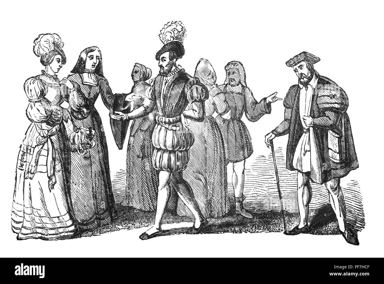 Mode: für Männer und Frauen während der Regierungszeit Heinrichs VIII. Sowohl Heinrich VIII. und Elisabeth I. Gesetze diktieren der Stoffe, Farben und Arten von Kleidungsstücken, die auf jeder Ebene der Gesellschaft getragen werden könnte durchgesetzt. Reiche Männer trugen weiße Seide Shirts, Rüschen an Hals und Handgelenken. Über diese Sie trug ein wams (ein bisschen wie einer enganliegenden Jacke), und Eng anliegende Gestreifte Hose (genannt Schlauch). Tudor Frauen trugen ein Bettwäsche, unabhängig vom Status. Dies könnte täglich gewaschen und geändert werden. Die wohlhabenden aristokratischen Frauen würde ihren Status durch ihre markante Silhouette zeigen, hoch-out verschönert Stockfoto