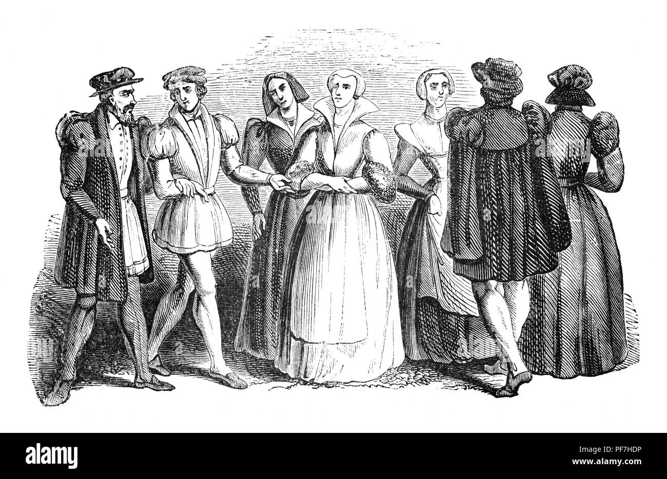 Mode: Die Regierungszeit von König Edward VI war kurz. Während seiner Herrschaft, die Men's Tunika wurde der Wams, zunächst eine lockere Körper Kleidungsstück mit Röcke, Röcke werden in präzise Falten angeordnet, die Falten auf dem Rock gekürzt werden, desto kürzer die in enger wird der Mantel; die flache Kappe gemeinsamen wurde und die erste Seidenstrümpfe Ankunft in England Stockfoto