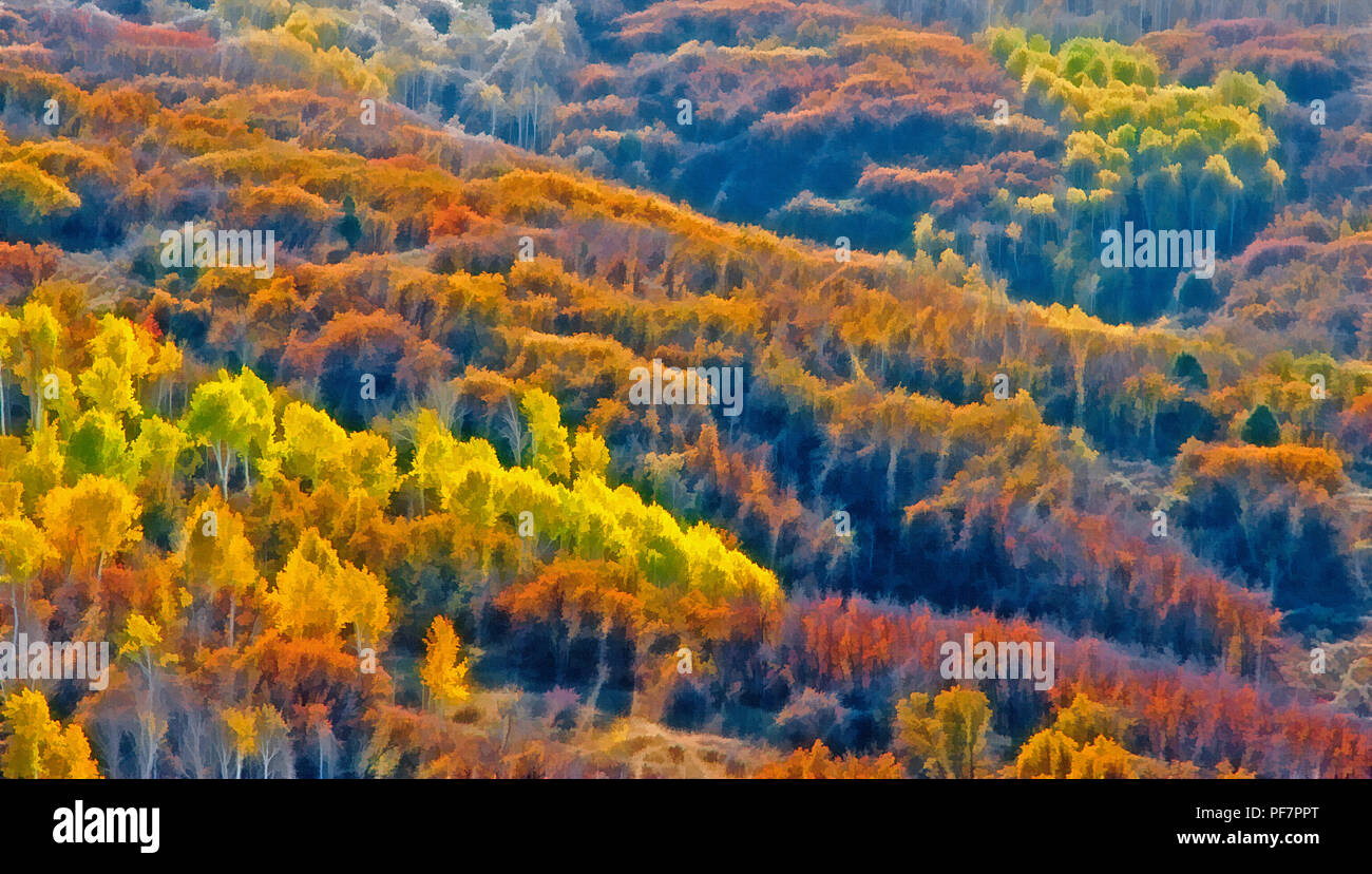 Ein original Foto von einem Rocky Mountain herbst Szene wurde digital verbesserte dieser pulsierenden malerische Kunstwerke zu erstellen. Stockfoto