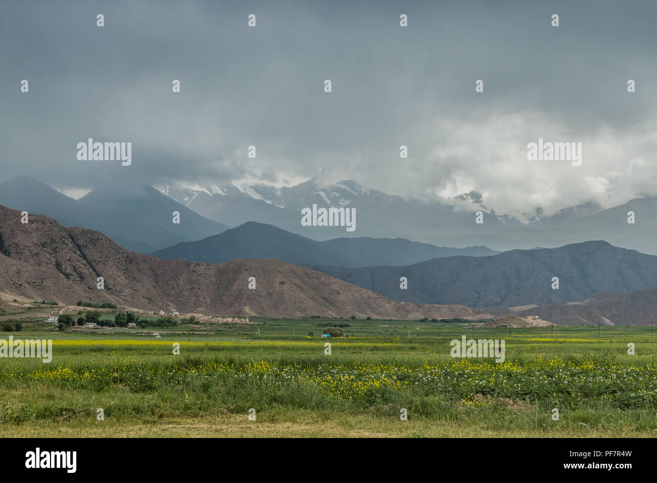 Landwirtschaftliche Flächen mit Bergen im Hintergrund, in Bokonbayevo am Ufer des Issyk-Kul-See, Kirgisistan. Stockfoto