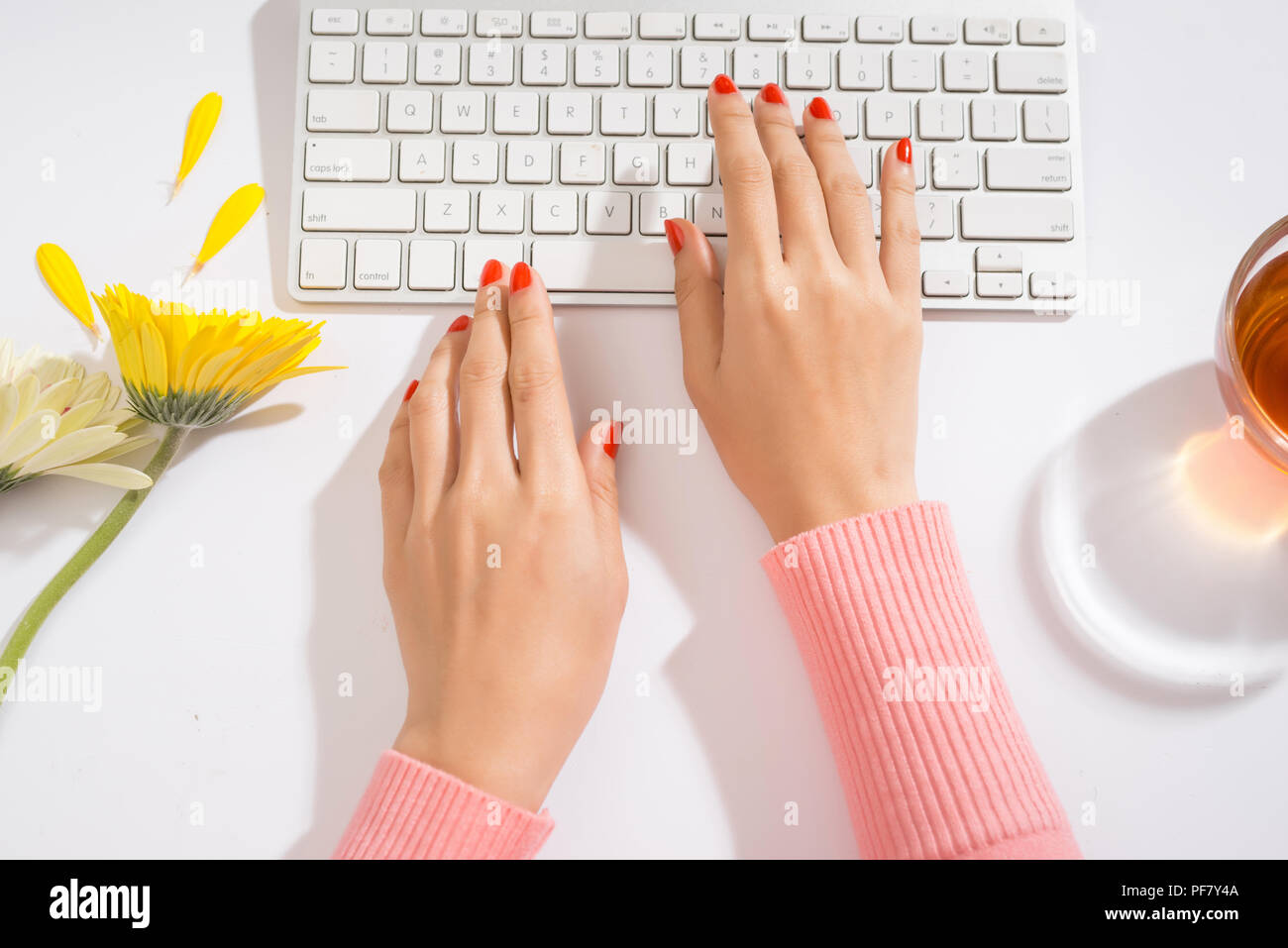 Frauenhand auf einer Computertastatur hautnah - Eingabe Stockfoto
