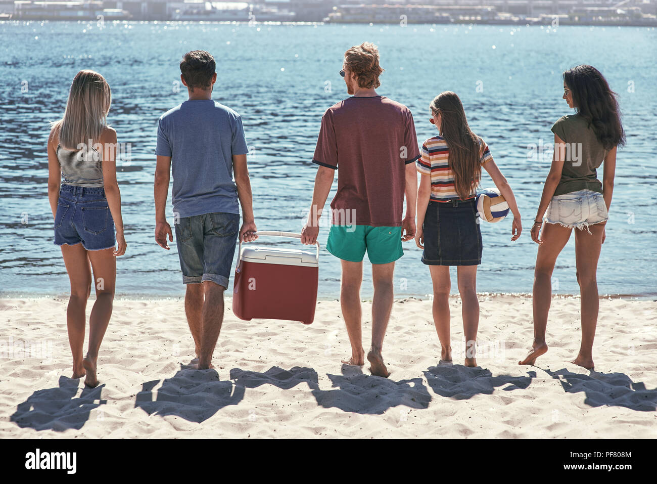 Freunde am Strand. Ansicht der Rückseite des fröhlicher junger Menschen zu Fuß am Strand auf das Meer, während zwei Männer, die aus Kunststoff Kühler Stockfoto