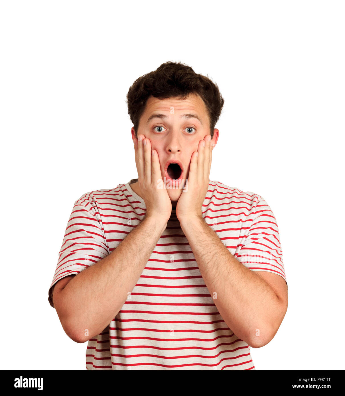 Porträt der jungen überrascht Mann deutete. emotionale Kerl auf weißem Hintergrund. Stockfoto
