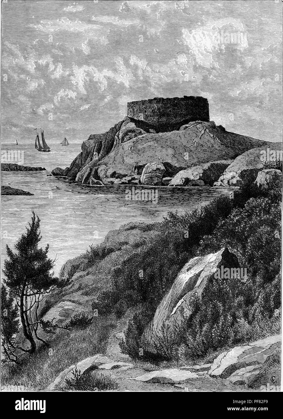 Schwarz und Weiß Vintage Print, das Alte Fort Knödel, einen revolutionären Krieg-Ära fort, die von Fort Wetherill, auf einer Landzunge in der Nähe des East Passage in Newport, Rhode Island, USA, in einer bearbeiteten Band William Cullen Bryant "Malerischen Amerika; oder, in das Land, in der wir Leben", 1872 veröffentlicht ersetzt wurde. Mit freundlicher Genehmigung Internet Archive. () Stockfoto