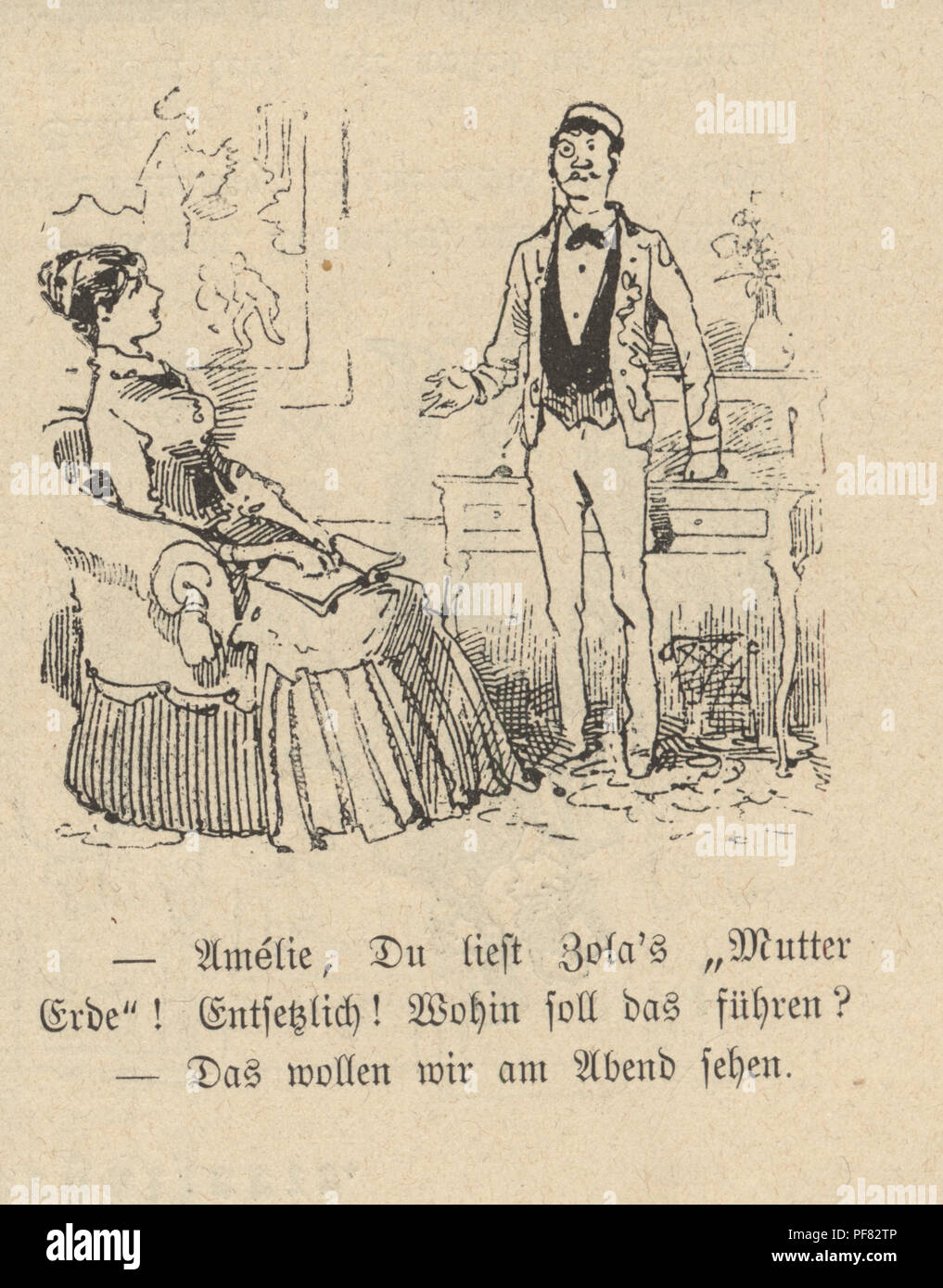 Vintage Gravur einer Karikatur von einem jungen Paar zu Hause, 1880, Deutsch Stockfoto