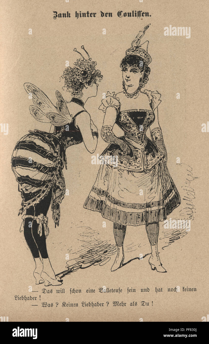 Vintage Gravur eines viktorianischen Cartoon von jungen Frauen in Fancy Dress, 1880, Deutsch Stockfoto