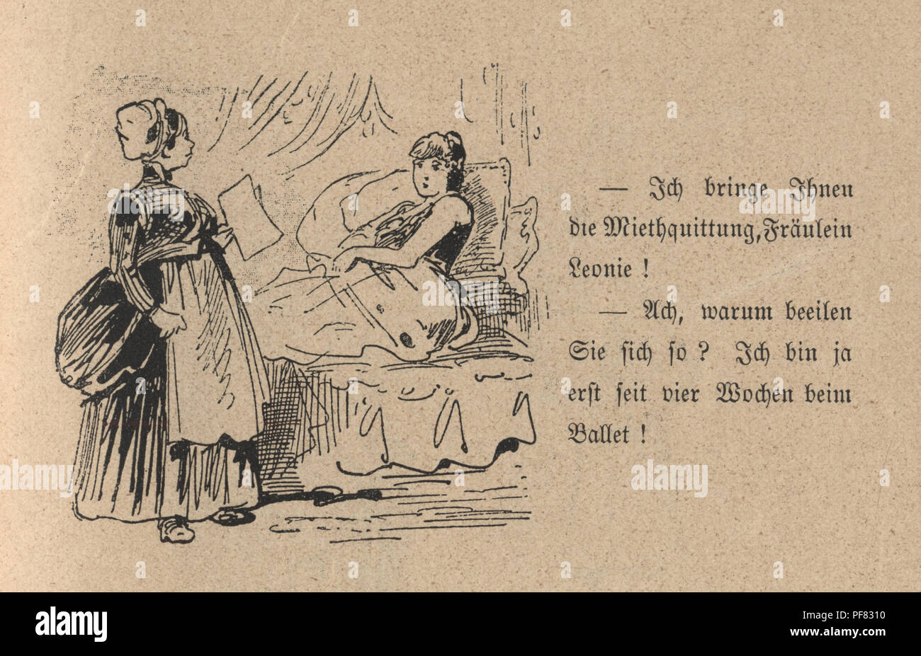 Vintage Gravur eines viktorianischen Karikatur einer jungen Frau, die durch ihre Magd 1880s aufgeweckt wird, Deutsch Stockfoto
