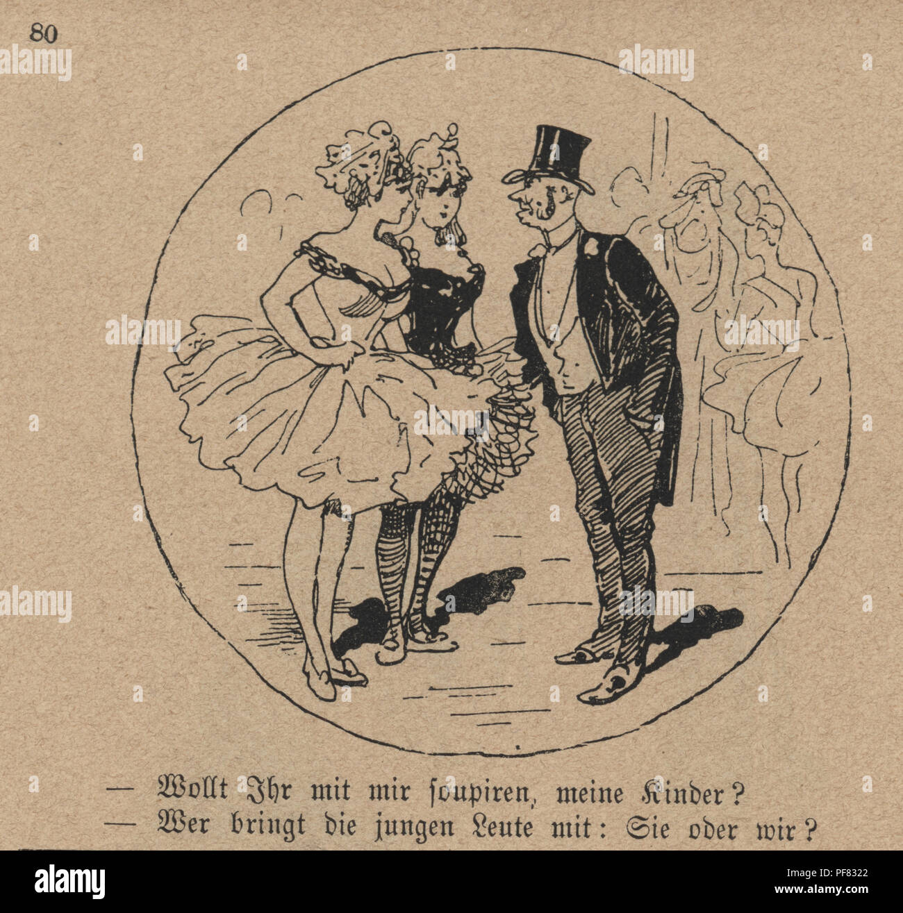 Vintage Gravur eines viktorianischen Cartoon ein reifer Mann Flirten mit zwei Showgirls im Theater, 1880, Deutsch Stockfoto
