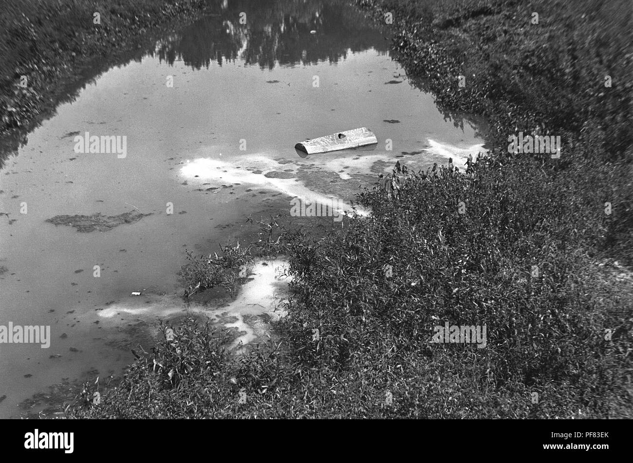 Industrielle Abfälle aus einem Abwasserkanal Outlet in geraden Fluss in Owatonna, Minnesota, 1934 Entlastung. Mit freundlicher Seuchenkontrollzentren (CDC)/Minnesota Abteilung der Gesundheit, R.N. Barr Bibliothek, Bibliothekare Melissa Rethlefsen und Marie Jones. () Stockfoto