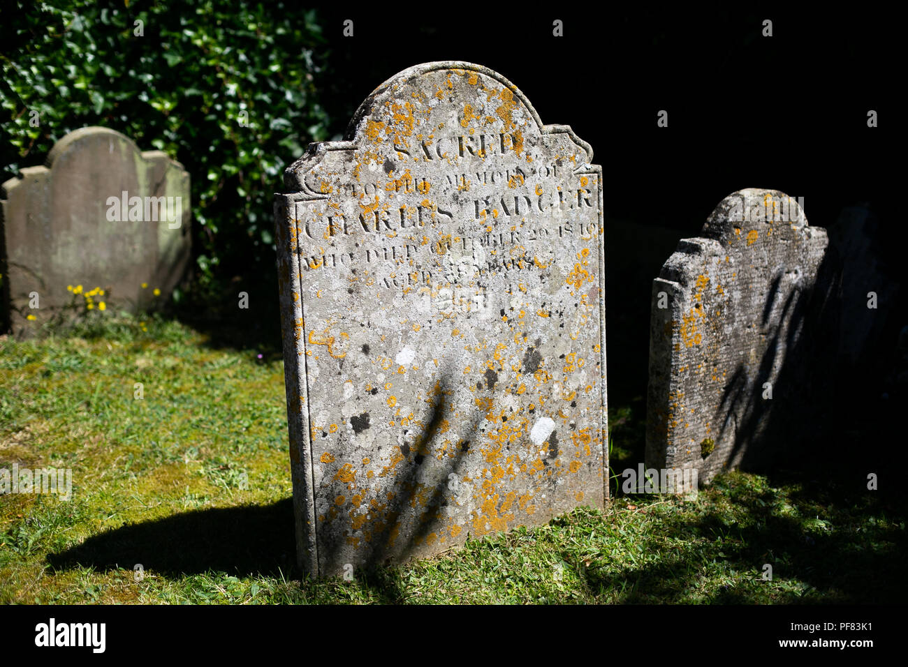 Moos und Flechten bedeckte Grabstein in einem englischen Dorf Beerdigung Friedhof Friedhof Stockfoto