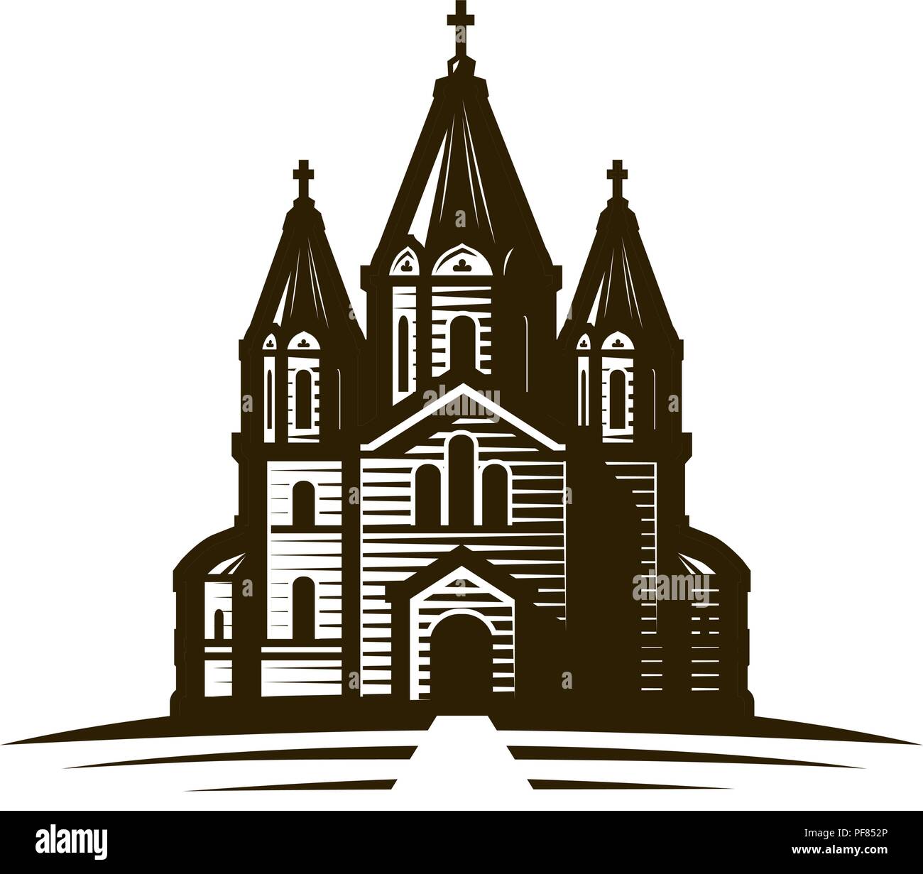 Kirche, Ort der Anbetung oder die Kathedrale. Vintage Skizze Vector Illustration Stock Vektor
