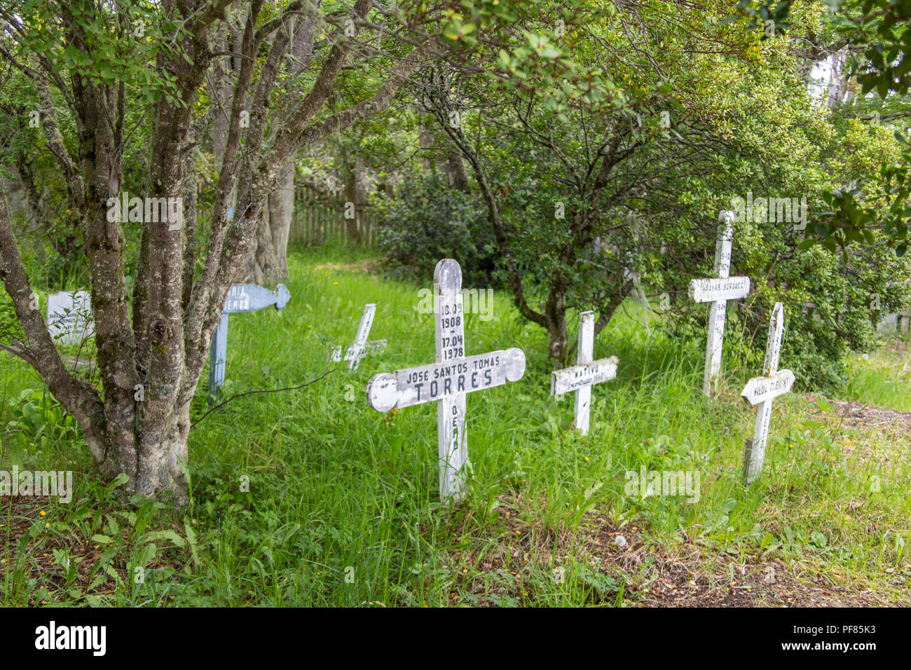 Friedhof mit Holzkreuzen in der Nähe von Ushuia in Argentinien Stockfoto
