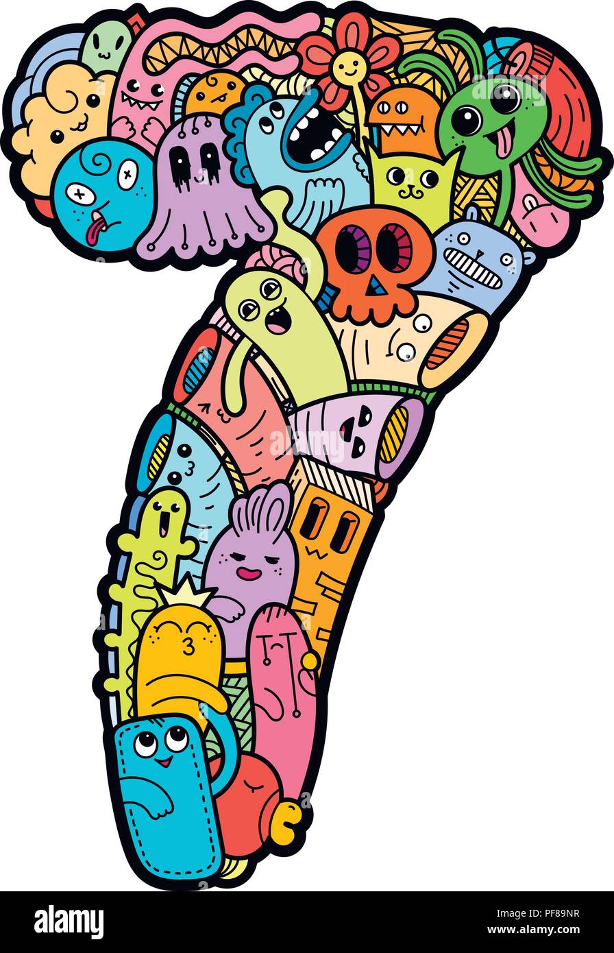 Nummer sieben. Hand doodled Kinder Zahlen gezogen. Cute monstred Zahlen, mathematische Symbole. Vector Illustration für Web, Design, Dekoration, Bildung, Drucke Stock Vektor