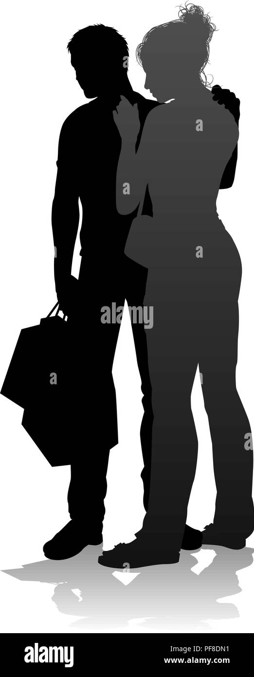 Junge Paar Einkaufen Silhouetten Stock Vektor