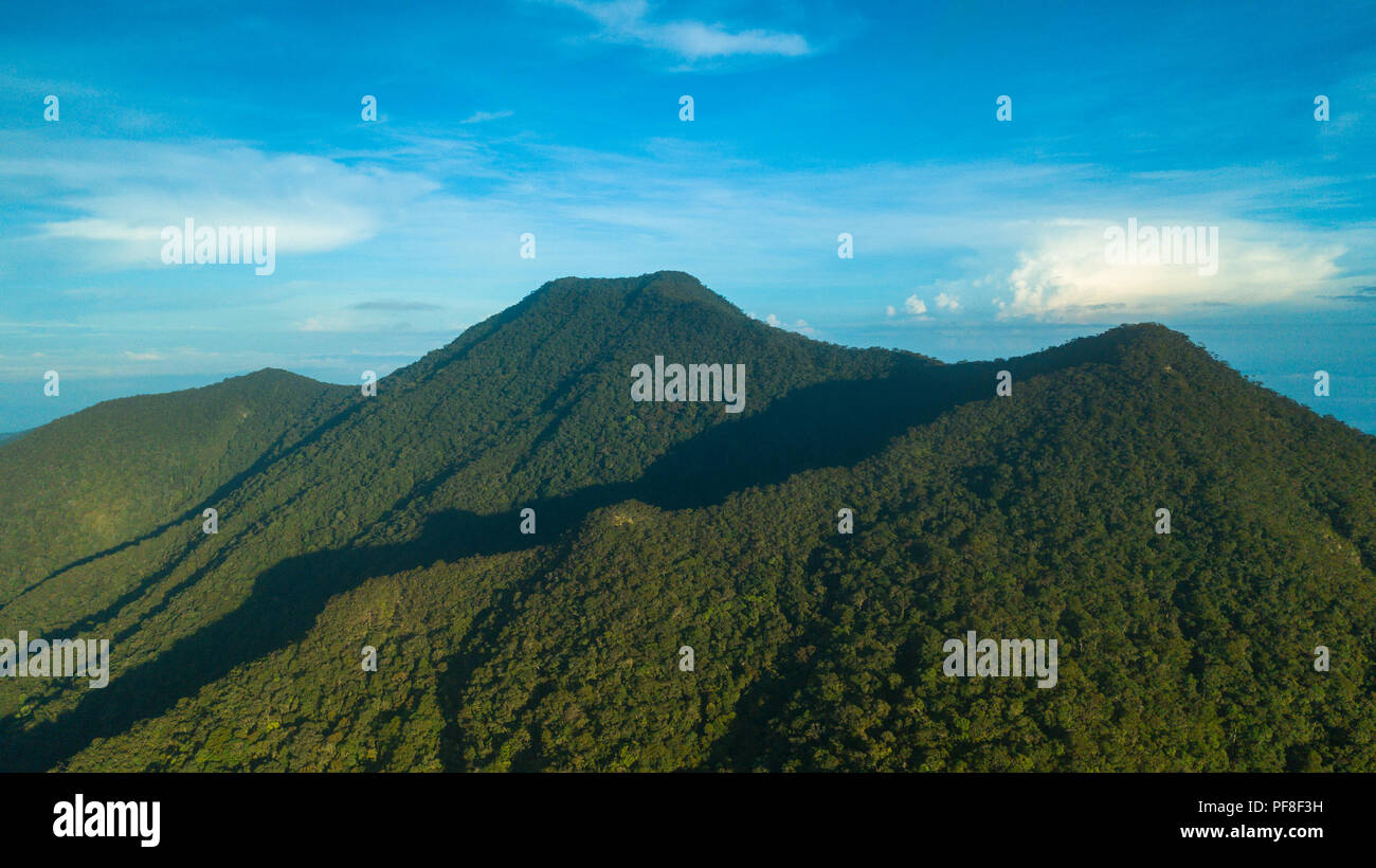 Drone Foto der Gipfel des Mount Trusmadi mit blauem Himmel und Wolken hinter, in Sabah, Malaysia (Borneo) Stockfoto