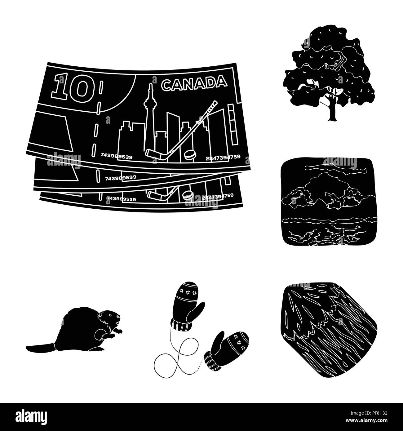 Land Kanada schwarze Symbole in der Sammlung für Design. Kanada und der charakteristische Vektor Symbol lieferbar Abbildung. Stock Vektor