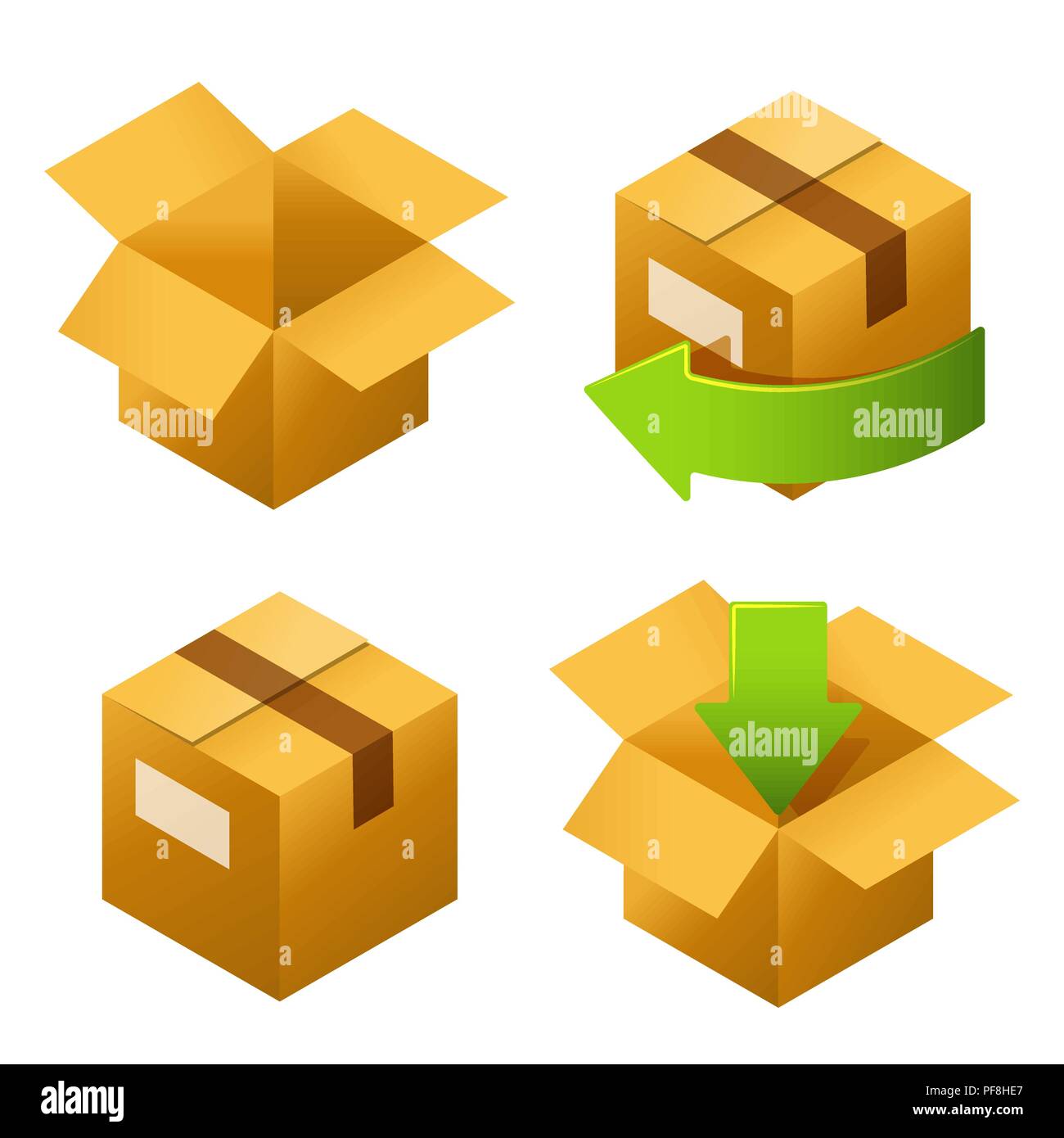 Isometrische Kartons gesetzt Symbole. Lieferung und kostenlose Rückgabe an Geschenke oder Pakete Stock Vektor