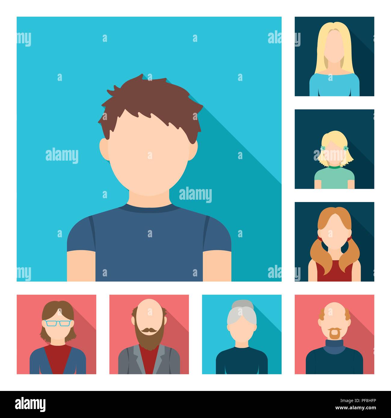 Avatar und Flachbild Symbole im Set Sammlung für Design. Eine Person aussehen Vektor Symbol lieferbar Abbildung. Stock Vektor