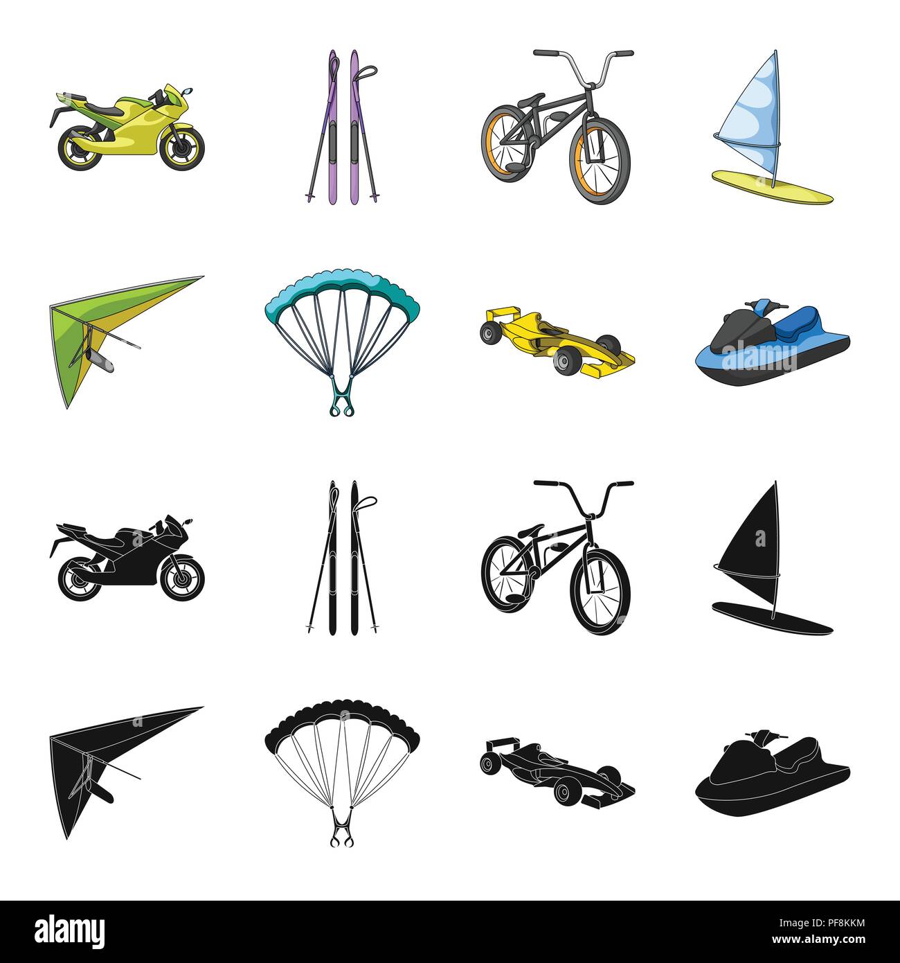 Hängegleiter, Fallschirm, Rennwagen, Wasser-scooter. Extreme Sport Sammlung Icons in Schwarz, Cartoon Stil vektor Symbol lieferbar Abbildung. Stock Vektor