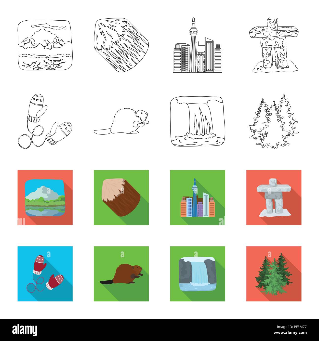 Kanadische Tanne, Biber und andere Symbole von Kanada Kanada Sammlung Symbole in der Gliederungsansicht, flet Stil vektor Symbol lieferbar Abbildung. Stock Vektor