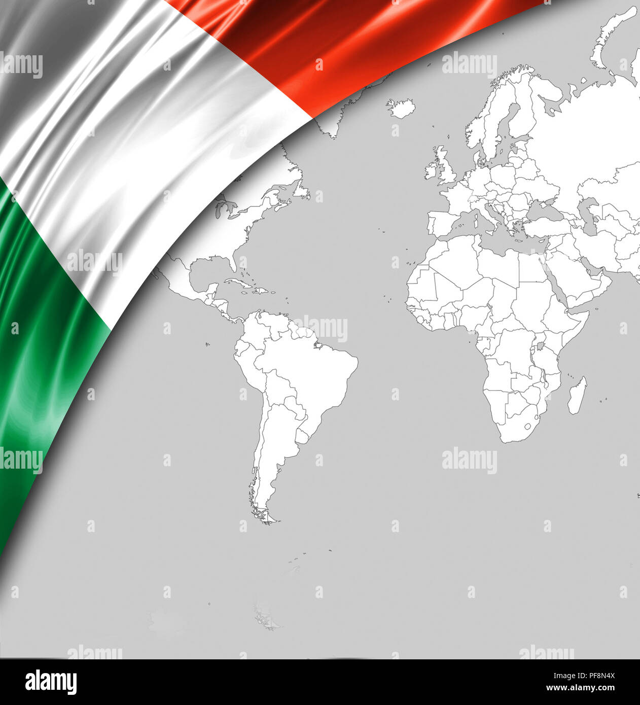 Flagge von Irland mit einem Platz für Ihren Text, im Hintergrund eine Weltkarte. Stockfoto