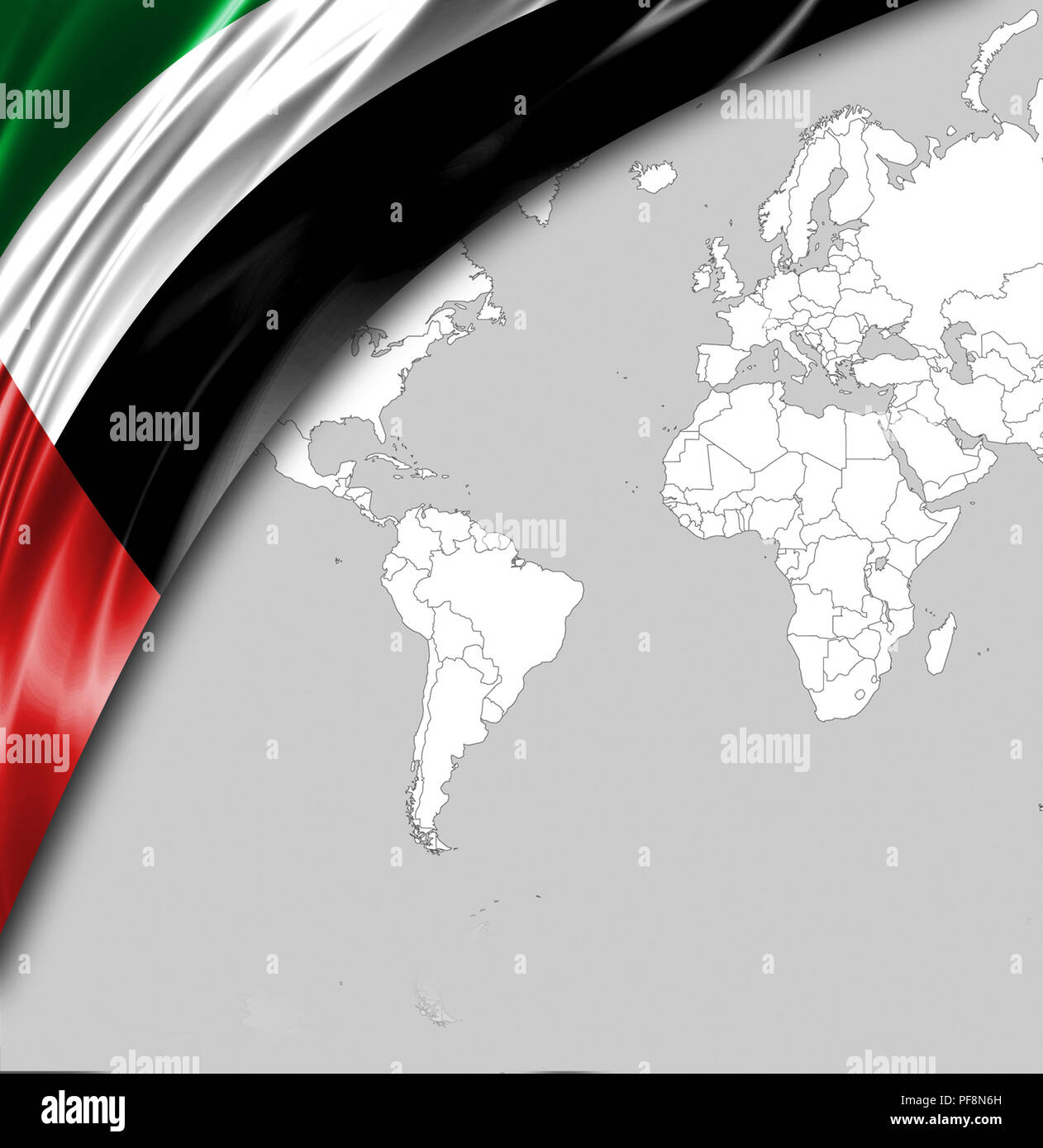 Flagge der Vereinigten Arabischen Emirate mit einem Platz für Ihren Text, im Hintergrund eine Weltkarte. Stockfoto