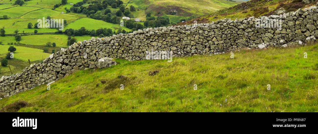 Eine Trockenmauer auf Gowbarrow fiel im Nationalpark Lake District, Cumbria, England, Vereinigtes Königreich. Stockfoto