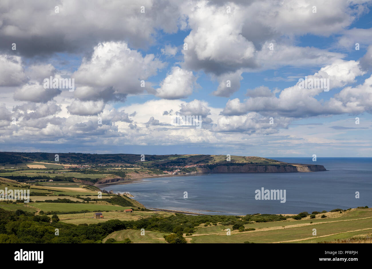 Blick auf Robin Hoods Bay über die Felder von Ravenscar mit cloudscape Stockfoto