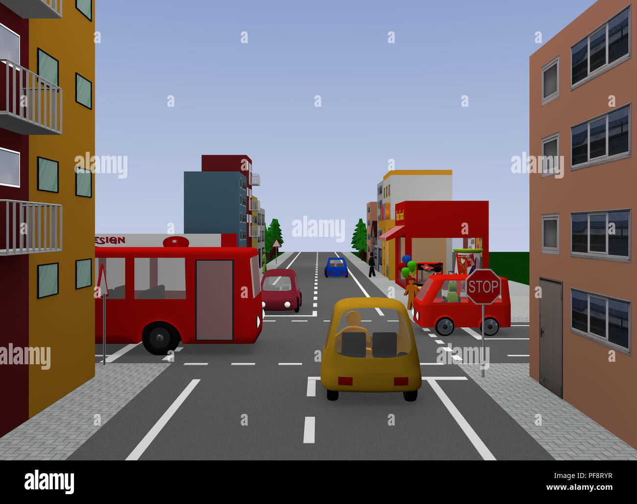 Kreuzung mit STOP-Schild. 3D-Rendering Stockfoto