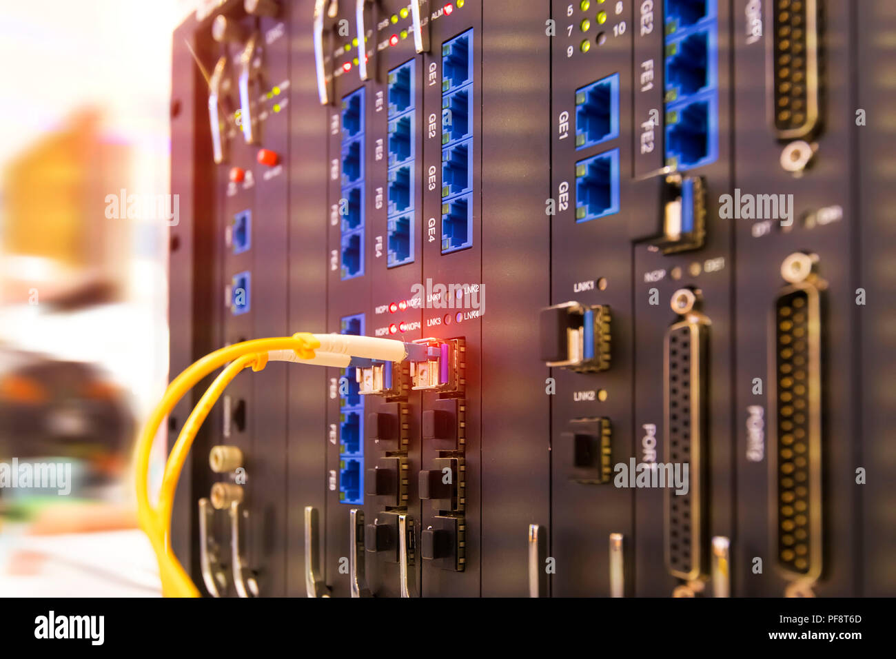 LWL-Kabel angeschlossen, Schnittstelle für Netzwerk-Switches Stockfoto