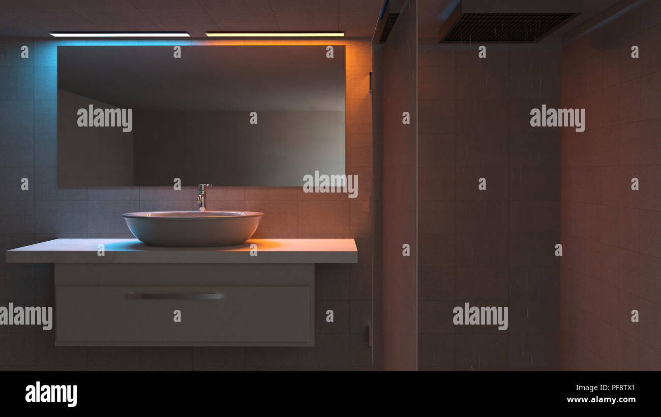 Detail einer Badezimmer, Spiegel, Waschbecken und Dusche. Modernes Bad und  entspannen. 3D-Rendering Stockfotografie - Alamy
