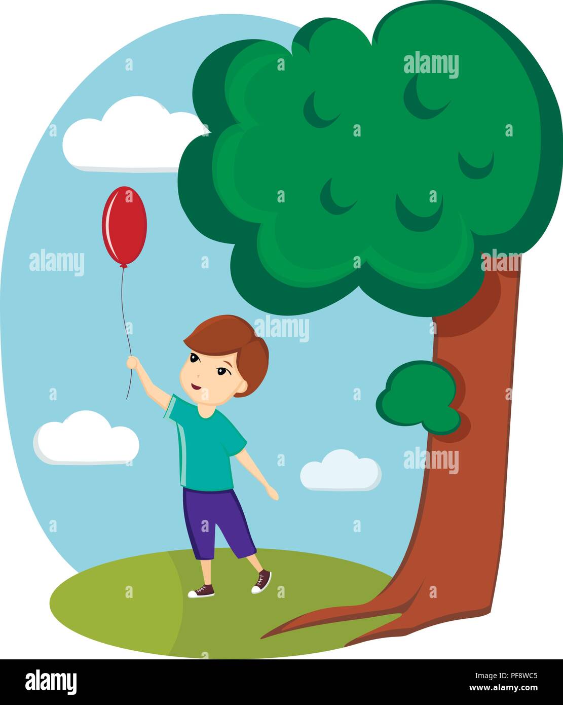 Ein Junge spielt mit einem Ballon auf der Straße. Bild, Vektor, Abbildung, Vorlage Stock Vektor