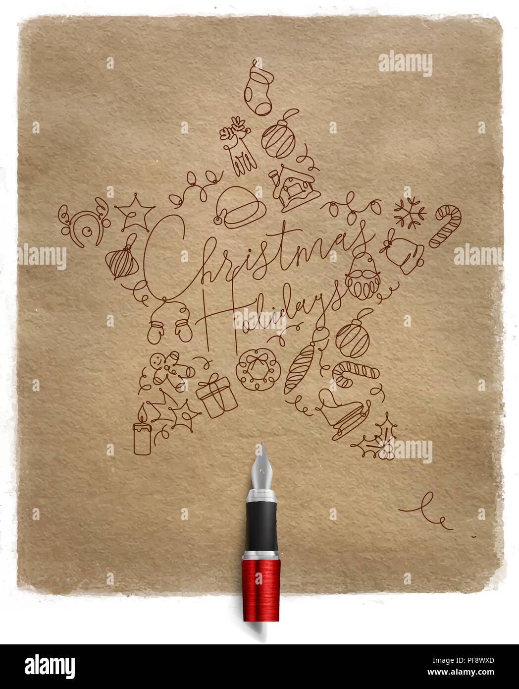 Weihnachtsbaum Spielzeug star Schriftzug urlaub Zeichnen mit Pen-Leiter für das Handwerk Hintergrund Stock Vektor