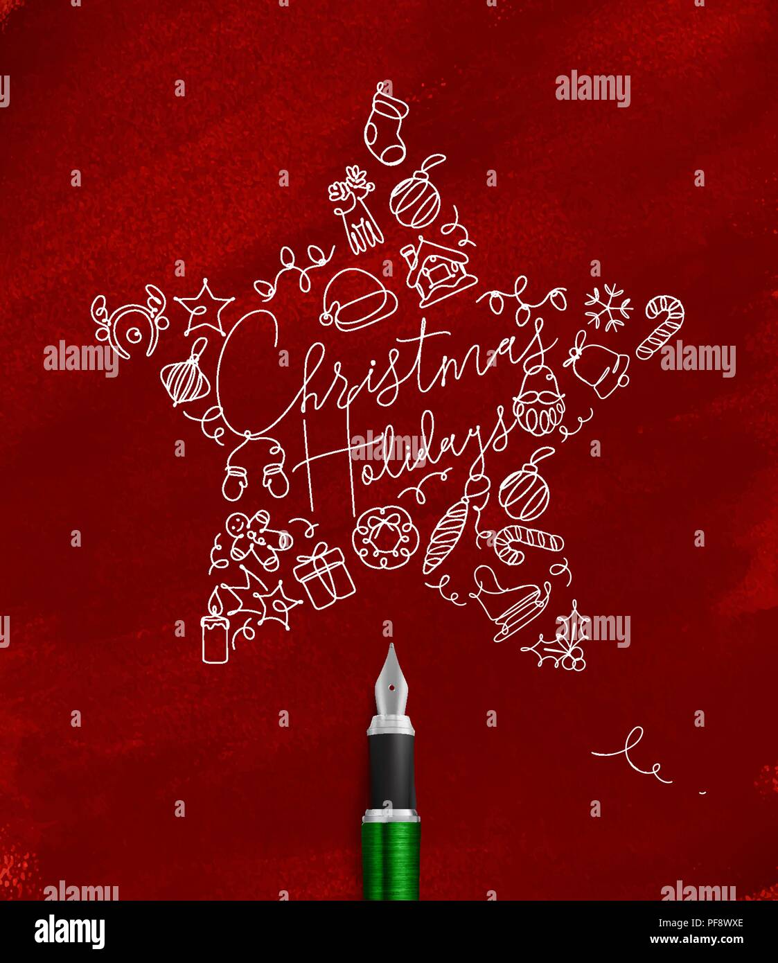 Weihnachtsbaum Spielzeug star Schriftzug urlaub Zeichnen mit Pen-Leiter auf rotem Hintergrund Stock Vektor