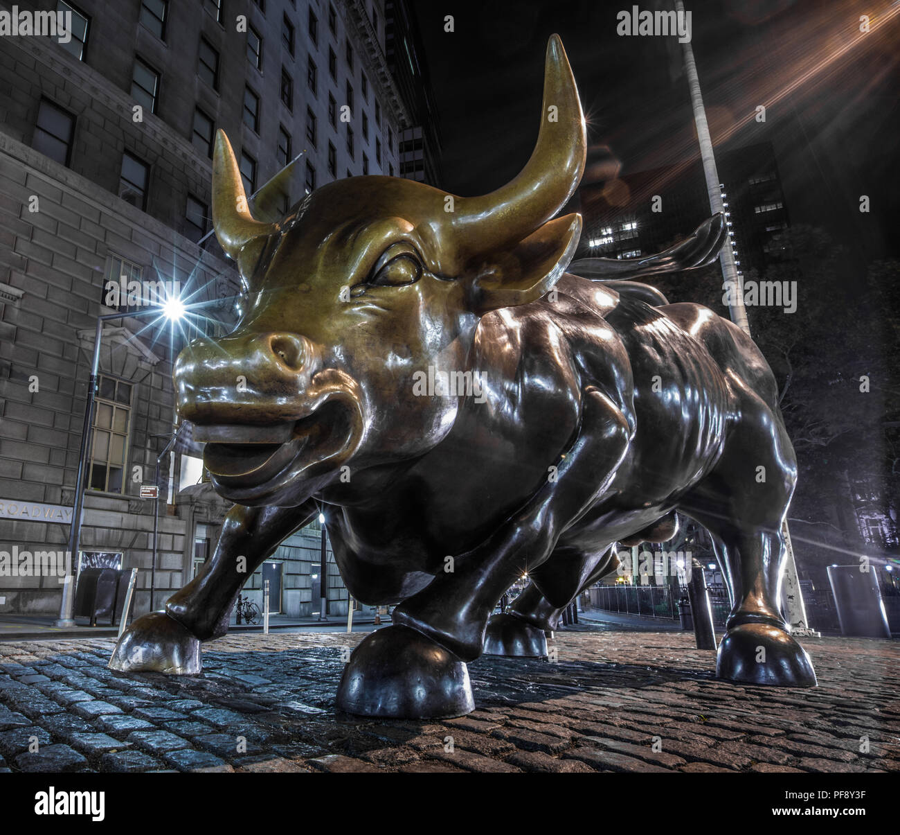 Lächelnd, Wagen, schwindlig sagen, Wall Street Bull in Downtown Manhattan, New York City Stockfoto