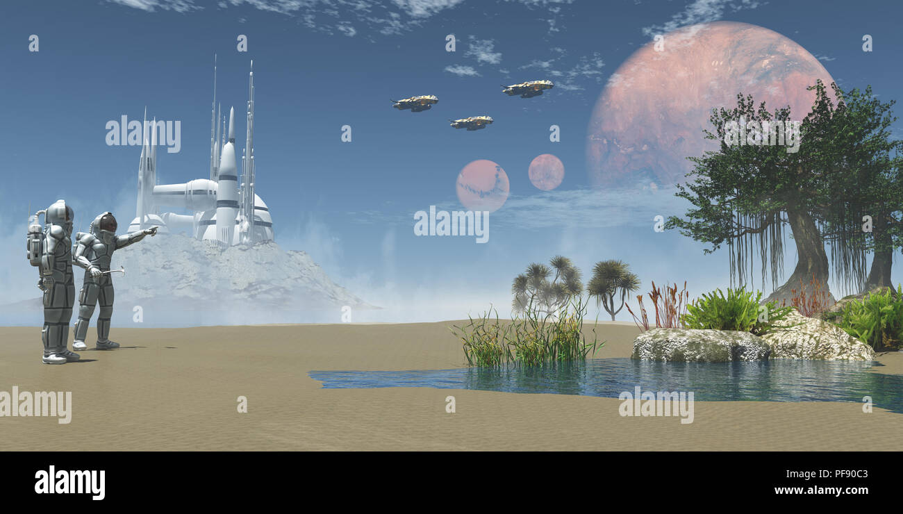 Umgebung auf Exoplaneten - ein Mann in einem Raumanzug Punkte zu drei Raumschiffe, die zu seinem Begleiter auf einem Exoplaneten. Stockfoto