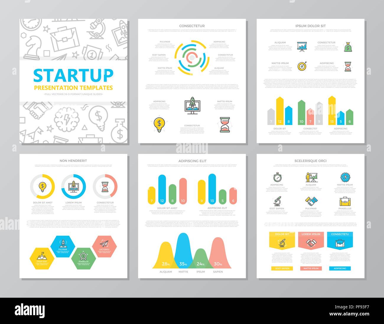 Satz farbiger Startup und geschäftliche Elemente für die Universalzuführung ein 4 Präsentation Vorlage Folien mit Grafiken und Diagrammen. Broschüre, Geschäftsbericht, Marketing, Werbung, Buch für Design. Stock Vektor