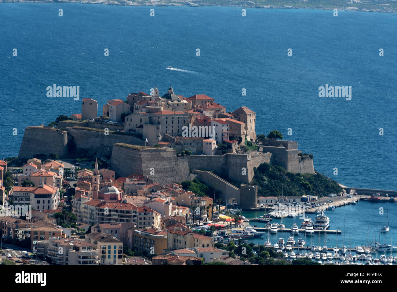 Zitadelle von Calvi thront auf einem Felsen mit Blick auf die Altstadt von Calvi Calvi Bucht an der Nordwestküste von Korsika Stockfoto