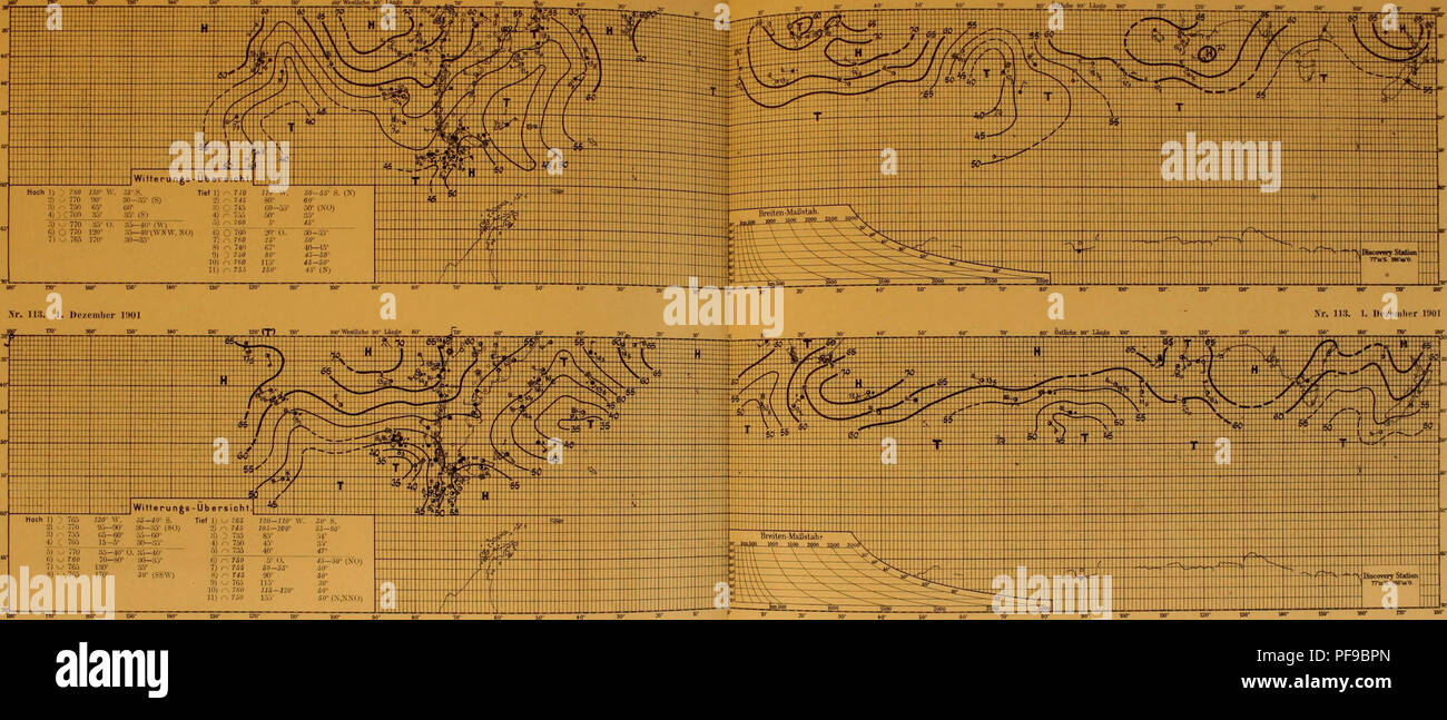 . Deutsche SÃ¼dpolar-Expedition, 1901-1903, im, Aufträge des Reichsamtes des Innern. Gauss (Schiff); wissenschaftliche Expeditionen. Deutsche SÃ¼dpolar-Expedition WO/â:; Nr. U-2, 30. November iimh Meteorologe ch r Tlas. TaÃ Nr. 112. 80. November 1901. Hoch. l) 765 130 W. BSâ 40S, Tief] i .. 746 10^-100", " * Â" = SJ 755 65-60* 55-60 8) 735 85" - Ich. 765 15-5 Â° SOâ 35 * 4) 750 45 '.:::, 40 5) 77 ii 85-10 0. 35-40 B). reo 70-80 30 85' 7 j 765 ISO * 85" 8) 705 17 Fr3u (SSW) 7) - 7 Ã¶ Ã ¤ fioâÃ¶ Ã¤° 6) M90 9) 765 11,7 -] U) 116 â 120 "ii. Cfifl 155 Kr. 114. Â '. Dezember UHU Nr. 114. 2. Dez Stockfoto