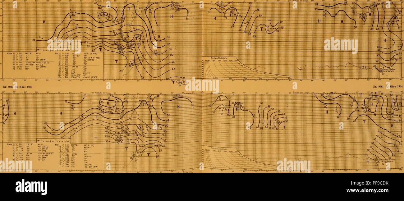 . Deutsche Südpolar-Expedition, 1901-1903, im, Aufträge des Reichsamtes des Innern. Gauss (Schiff); wissenschaftliche Expeditionen. Hoch 1)^765 ISS'W. &Lt;fl°S (Sl Tief 1) o?" Jl*!" W.&amp;&amp; - 8. (S) 2) w770 110-106° 3." Ich-4Cr (AUF 0,80) 21^?* 0 M 0°°Uhr ßO) w 7 ß 0 85°; iO° 3).-. 735 80° 60-66° (N) 4) 755 45° 53" 8)^7 (20° 40° 8) 3 7 " 5 li * 0. 10)^770 iSO * 11 "O 700 17 (r9) C) 76!) 40° O. äff" (S) 46' (NW. Also, 80) 10) O 755 45° 60' (N) 4 (f 111 w76 ä na "JC") 12) C7 S0 158 'Nr. "35. 2. März l!lW Nr. 935. 2. März 1904 IRQ 'Nein' 180*. • "1. Märi: Tief i: Il r^75 S 160°H) Stockfoto