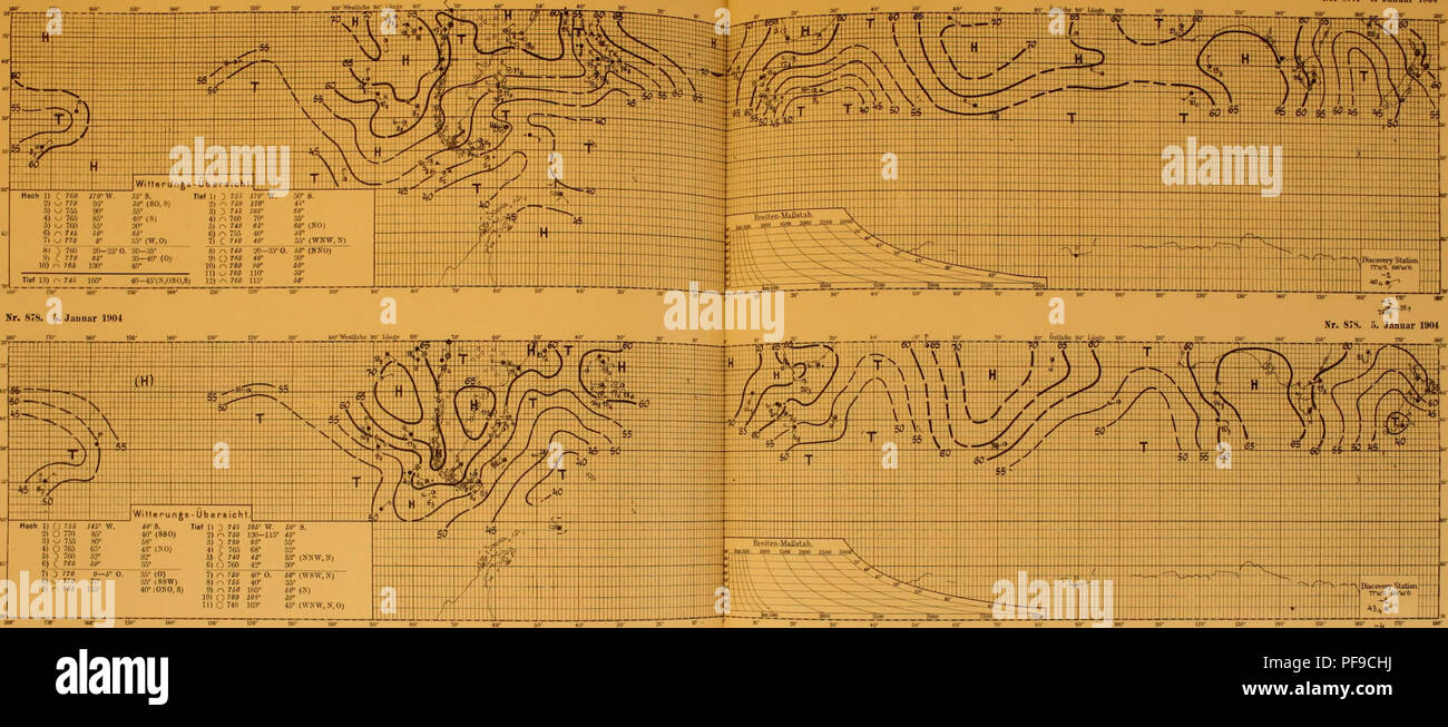 . Deutsche Südpolar-Expedition, 1901-1903, im, Aufträge des Reichsamtes des Innern. Gauss (Schiff); wissenschaftliche Expeditionen. Deutsche Südpohr-Expedition 1901 - 3 Nr. 857. 4. Januar ich "Oi Melmmloijischer Atlas. Tafel 2.' ich: ', Nr. 877. 4. Januar 1904 l? 5. 2) O 770^V3) w 755 S 0° 4) O 765 65° 6) 5 Vßfl ör 6) C "P JO *71 5?70 0 - 6 "O.." W iO) 7) n. ISO 40' O. ifl* (WSW. N) 8) O 77 Ö 70 "a.V (88W) 8)^^ 700 40" 35° 9) o röÄ 135*40' (OK0.8) 9)^7 ß 0] (I5 "Äff° (N) 10) C 5 760 JOS' JO *11) C 740 IGT 45' (VNW, N, 0) Ar. S;! l. C. Jaiinur 1!KJ 4 Nr. S; 9. 6. Jaouar beleuchtet 04. Bitte beachten Sie, dass diese Bilder ein Stockfoto