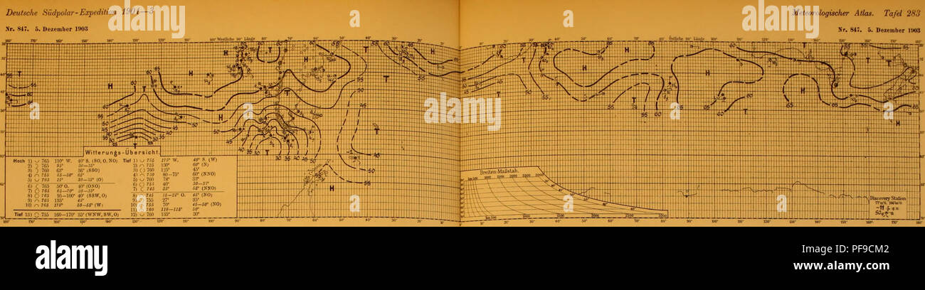 . Deutsche Südpolar-Expedition, 1901-1903, im, Aufträge des Reichsamtes des Innern. Gauss (Schiff); wissenschaftliche Expeditionen. Deutsche Südpolar-Expedition 1901 - 3 Meteorologischer Atlas. Tafel 283. r. S4;. 5. November 1903 fi) C765 50" 0. 4 tr (0W 0&gt;7) C)? Ö 5 6 S-T (r iO-W81 O^^S%',- (drehradius 40° (Ssw. o, 9 J R. 765 Lai "Ja" 10) r^765 irO * ÄO-55" (W (Tief 1") O 755 160-17 (r: Ich 5° (WNW. 8 W. 0) j^7" 15-20°0. 15' (Nein)&lt; i) C5 755 27°S, 5°10) o 755 70*46-5 (r (Nr.) 11) n. 760 110 - 116 "sitzen 12"^ 76" i: "'30" Nf. 847. 5. Dezember HKÖ. Nr. 84 S. 6. Dezember 1 fl 03 Nr. 818. 6. November Stockfoto