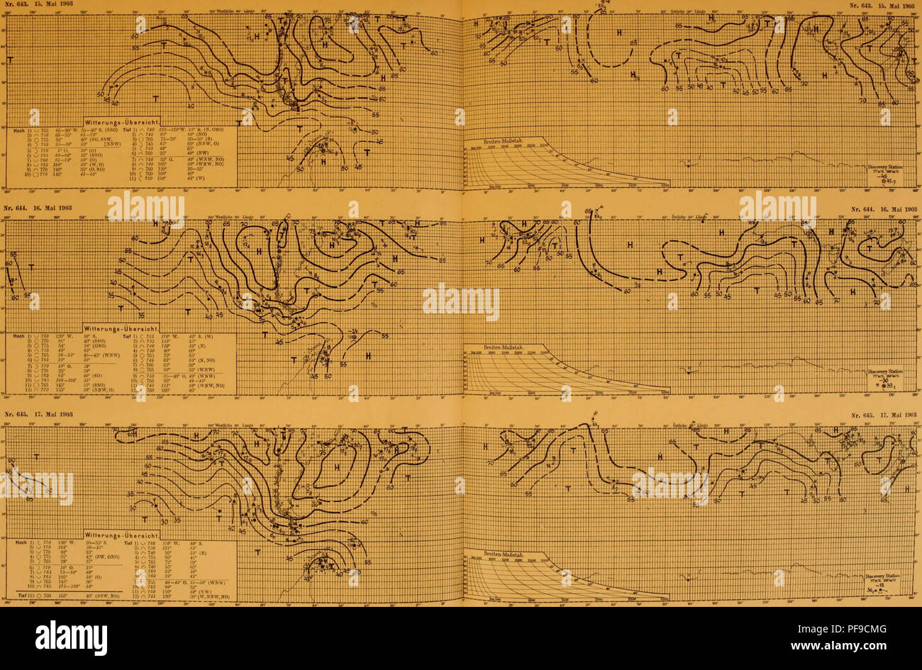 . Deutsche Südpolar-Expedition, 1901-1903, im, Aufträge des Reichsamtes des Innern. Gauss (Schiff); wissenschaftliche Expeditionen. ,Deuts* "Ich 1901 - 3 Nr." 3. 16. Mai 11103 Ich "r nc-w&lt; r ISO-iw - "Meteorologischer Atlas. Tafel 215 Nr. (U3. 15. Mai 1903. Witterunfcs-Übersicht Hoch. l) t7" j 17 S-1 S 0* SO 'Tief 18) 0 760] 65 * i-MV. Sih ich) 7. io-ti-O. SS - 4 P iWS rt10) C 85 9 C° 8V in r "iso keine *.so 0&lt; wi 13) r 745 130*50* (W. NXW. NOi. Bitte beachten Sie, dass diese Bilder aus gescannten Seite Bilder, die digital für die Lesbarkeit verbessert haben mögen - Färbung und Aussehen dieser extrahiert werden Stockfoto