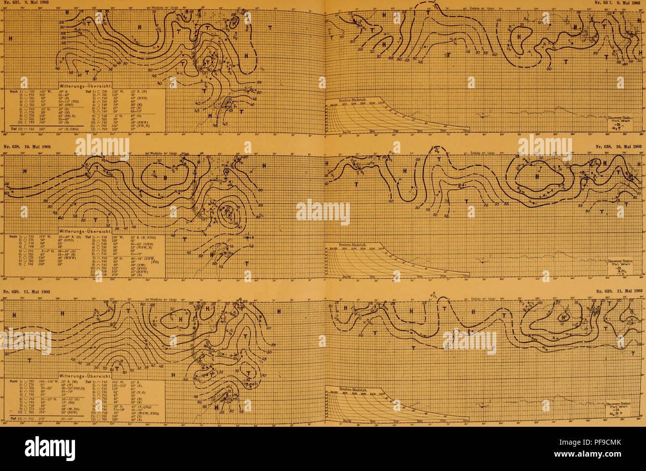 . Deutsche SÃ¼dpolar-Expedition, 1901-1903, im, Aufträge des Reichsamtes des Innern. Gauss (Schiff); wissenschaftliche Expeditionen. Deutsche SÃ¼dpolar-Expedition 1901 â 3 Meteorologischer Atlas. Tafel 213 Nr. Â" 3 Â". 9. Mai 1 WP 3 SR 63 7. 9. Mai 1003. 1) W 76S; * 0-/3 (Ich°W. '*-B (W) Ilrf 1 | n?w Ifl-W-Â°V", 8. "^n" Â" 130 âIIS - â"¢ (Hl 31&gt; J 765 70-65 - 80 - S! fI 88 O, O):, -, 7 ii HO-Ja-CO-M - 0 / 0 - 41 O7 Â" 64-58 - CS, 0) 5) r^765 47' 38° 6) o 745 45 * 4. V [H) 7) O 785 44' SS-(N) r, 7-4 30 * O. 44' (N, O8o) 9) r. 760 74-70 * * flâ" 5'10)^744 H '60- (WNW, NNOk 11) 0 760 160 44 - (N&gt; Stockfoto