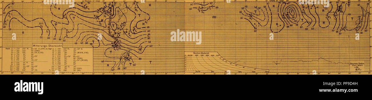 . Deutsche SÃ¼dpolar-Expedition, 1901-1903, im, Aufträge des Reichsamtes des Innern. Gauss (Schiff); wissenschaftliche Expeditionen. Wittepungs-Ubersicht. Hoch 11 r^765 7?r W. Ãtf-Si". (NNW.Ol Tiel 1) 0^â jã¤Â"Â°W. 40-45 Â°8. 2) â^Uli IW 30-35' (SO) 2) r^760] 25°." "Ich?" 3) ' 760 aÃ¶ - Ãr Â"Â°3) / -. 7 ifl JJ 5' 50-55° (WNW.NW, 4) w 760 75 * 35' 4) 0 750 79 Â°45 MNNW) 6) O7 * 0 Bi 6 Sâ 7 ff' 5) o?55 7 Ã * CO-65' 6) C'Ã^&lt;&lt;'*^ Ã *6) RI 760 67*; Â" Â°7) O 7,55 57" 46*7) r^770 3* Â" Â°O. 40' 8 lO'Ã¶ 5 80 * 35 * (S) 9) &Lt;U 765 80-85° 45-50° 10) r^770 12 r3r (8) 9) 1^760 ÃP 0. ;^O° Stockfoto