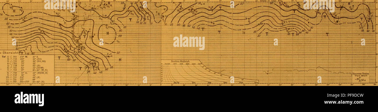 . Deutsche Südpolar-Expedition, 1901-1903, im, Aufträge des Reichsamtes des Innern. Gauss (Schiff); wissenschaftliche Expeditionen. In!' nll" tterunfes iilW" - Üb ersieht Hoch J) Ich:} 76 S175 "W. 35" 8. {W, B) Tief 1) C JOS • 2 i O 770 126 - 35" [Ol2) / -&gt; 7 ist 3 | • ' res 80' 30° (8 S 0 l H) r7S6 ii w765 45' SO" (W, S) 4 l C!) 7 G 5 5) O' "5" '50* (S80) 5) 3 735 6) KJ773 ft-oder JS" (NW.NO) fi) r^765 7"^^ rßfi 7 "v^? fi ("60 * 0. 30° (W)" ^ 81-W-765 12 (w ar IW. SSO) 8 | r, 7 iff SO" u. "ßff tWXW. N) 9)^-'7 flJ 160 - 30 - 9, R^7 J 0 90° ßV in) r^725 JJO' ll) r^755 137°. Nr. 70 S. 19. Jnll 1903 Nr, 708. Stockfoto
