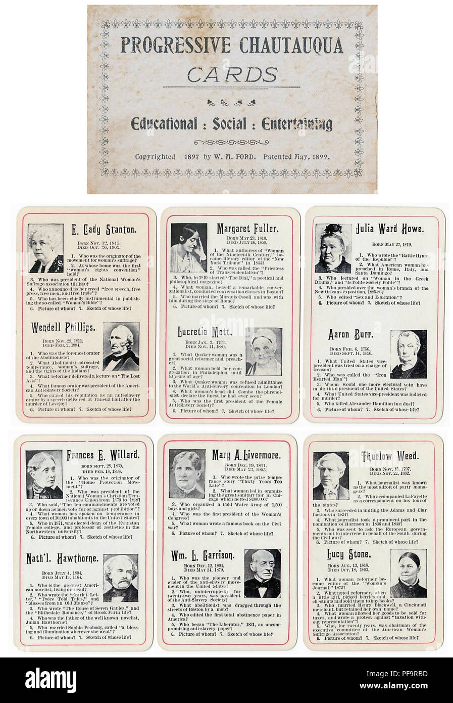 Satz von pädagogischen Chautauqua Karten, bestehend aus einer Titelseite, und sechs Karten, letztere mit Informationen über und Bilder von, 12 historische Persönlichkeiten, darunter mehrere prominente suffragists, 1900. () Stockfoto