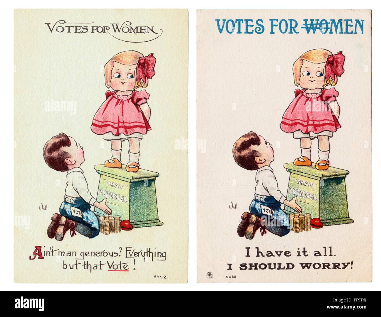 Zwei farbige Postkarten, mit dem gleichen Design, zeigt sowohl ein pro- und anti-Wahlrecht Nachricht, jeweils mit einem kleinen Mädchen auf einem Sockel und ein kleiner Junge vor ihr kniend, Teil eines 12-Karte des Künstlers Bernhardt Mauer für den amerikanischen Markt, 1900 veröffentlicht. () Stockfoto