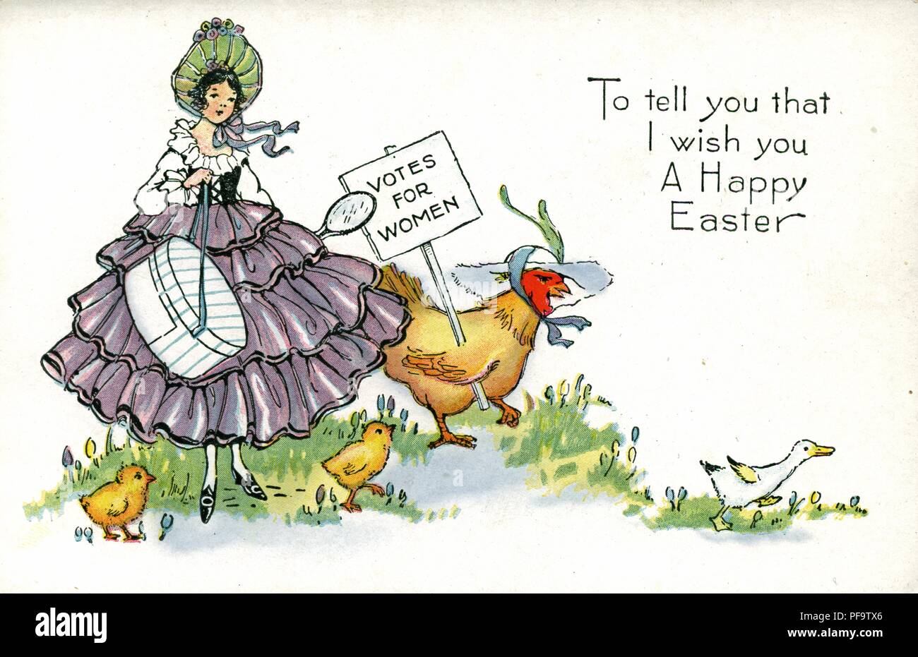 Farbe Ostern Karte mit einer Hirtin, trug einen lila Rock, Enten und Hühner, man hält ein Schild mit der Aufschrift "Stimmen für Frauen, "für den amerikanischen Markt, 1900 veröffentlicht. () Stockfoto